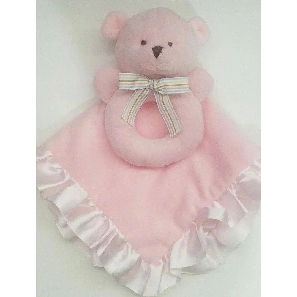 Carter's Plush Teddy Bear Rattle Lovey Security Blanket Pink Satin Trim 13"